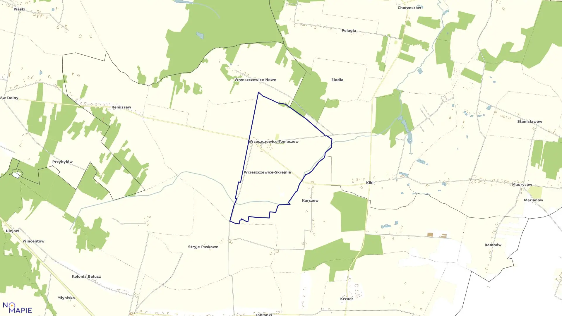 Mapa obrębu WRZESZCZEWICE SKREJNIA w gminie Łask